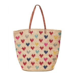 Mar Y Sol Amelie Tote Crocheted Raffia Liner Bag Multicolor Hearts Straw